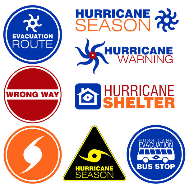 Set di pochi segni di avvertimento uragano colorati e simboli su uno sfondo bianco isolato - Vettoriali, immagini