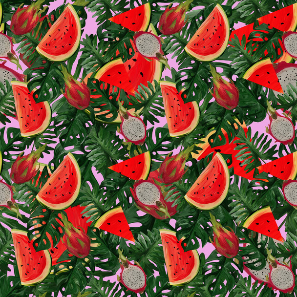 Modern naadloos patroon met drakenfruit, watermeloen, tropische bladeren op een roze achtergrond Zomer vibes. Handbeschilderde botanische illustratie voor textiel, verpakking, stoffen. - Foto, afbeelding