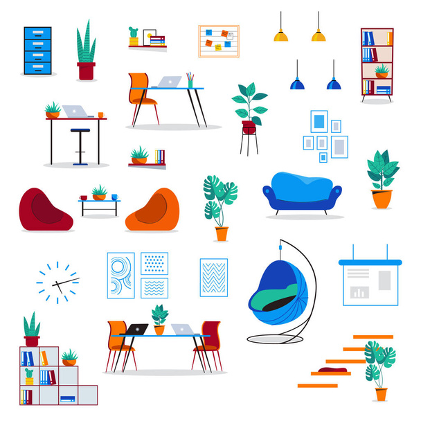Big set with interior items. Coworking, freelance, teamwork, communication, interaction, idea, independent activity concept. Vector illustration on white background - Vector, Image