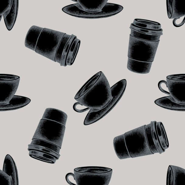 Seamless pattern with hand drawn stylized coffee cups, paper cup - Vektör, Görsel