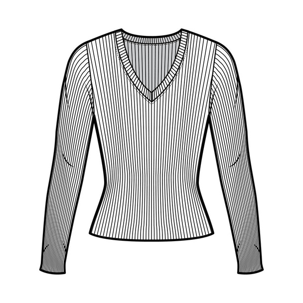 Żebrowany sweter z dzianiny V-neck Ilustracja moda techniczna z długimi rękawami, blisko dopasowany kształt.  - Wektor, obraz