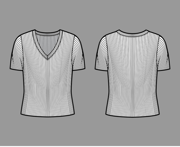 リブのVネックニットセーター技術的なファッションイラストで短いリブ袖、オーバーサイズボディ.  - ベクター画像