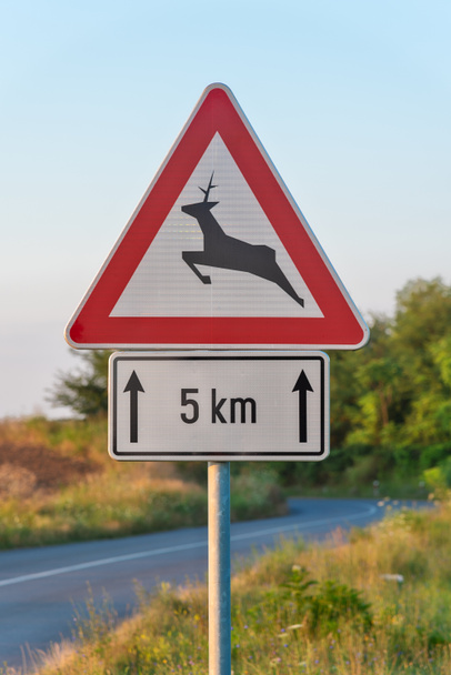 Попередження на сільській дорозі. Дикі тварини попереджають дорожній знак. Знак перетину оленів - Фото, зображення