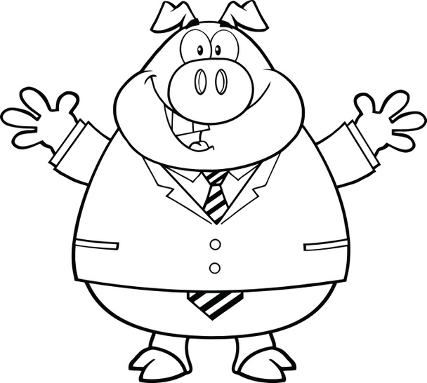 Schwarz-weiße Geschäftsmann-Schwein-Cartoon-Figur mit offenen Armen - Foto, Bild