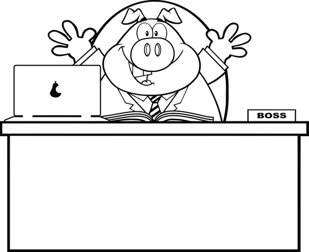 schwarz-weiße Geschäftsmann Schwein Zeichentrickfigur hinter Schreibtisch - Foto, Bild