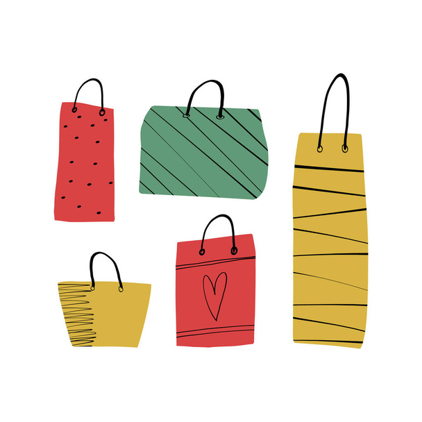 Una serie varie borse di spesa festive disegnate dalla mano, imballaggio per regali di Natale e regali di compleanno. - Vettoriali, immagini