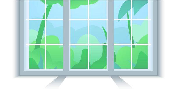 Ilustracja ramy okna. Wektorowa ilustracja nowej zainstalowanej szerokiej ramy okna pvc. Zielony trawnik z roślinami widzianymi przez szerokie szkło w oknie - Wektor, obraz