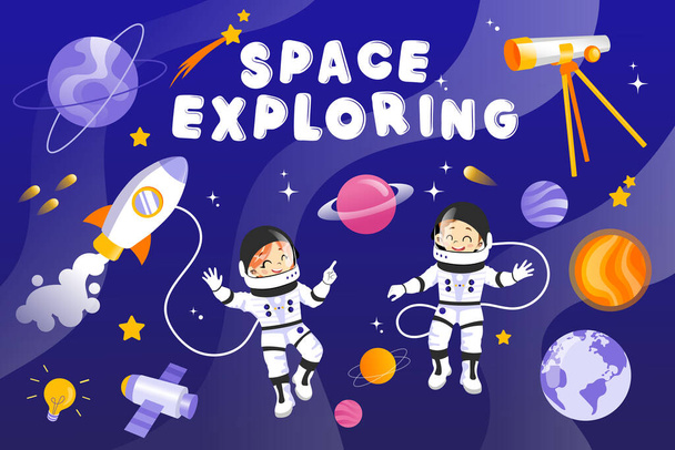 Male And Female Austronauts With Planets, Stars, Rocket, Spaceship And Different Cosmic Items. Two Happy Characters In Space Outfits Smiling. Vector Cartoon Style Illustration. Flat Colorful Galaxy - Vector, Image