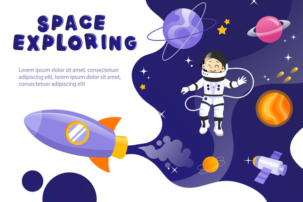 Cartoon Space Exploring Banner met Lorem Ipsum. Ruimteman Kind in Ruimtepak lacht gelukkig. Kleurrijke vectorillustratie van kleine astronaut en sterrenstelsel met sterren, planeten, ruimteschip, grote raket - Vector, afbeelding