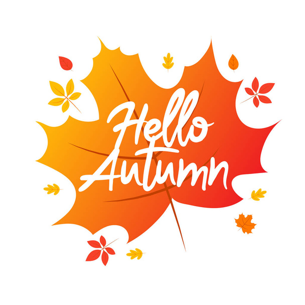 Hello Autumn Season Design with Writing On A Big Yellowed Leaf. Векторная буквенная типография и белый фон. Карикатурное знамя минималистического стиля. Гравировка и белый почерк - Вектор,изображение