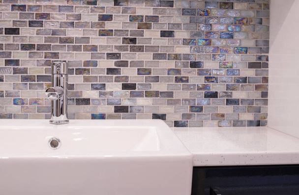 Bathroom sink tiled splash back wall - Photo, Image