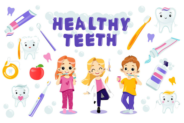 Kinder kümmern sich um ihre Zähne. Gesunde Zähne. Vektorillustration im flachen Cartoon-Stil mit farbenfroher Schrift. Junge männliche und weibliche Charaktere, Zahnbürste, Paste, andere Gegenstände - Vektor, Bild