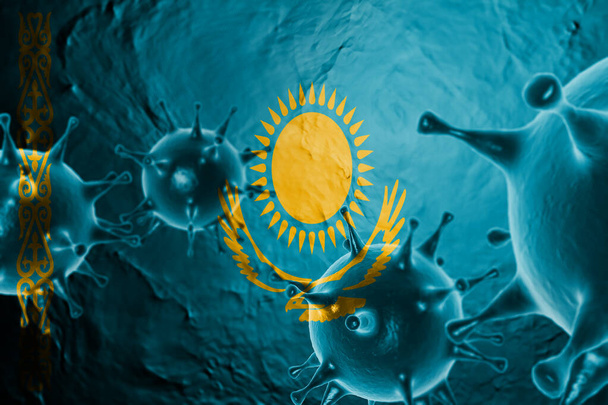3D ILLUSTRATION VIRUS Kazakstanin FLAG: n, CORONAVIRUS: n, kelluvan influenssakoronaviruksen, mikro-näkymän, pandemiainfektion, aasialaisen influenssan kanssa. - Valokuva, kuva