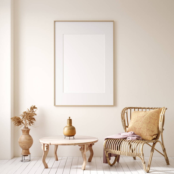 Otthoni belső háttér fonott bútorok és dekoráció, üres fehér fal mockup, 3d render - Fotó, kép