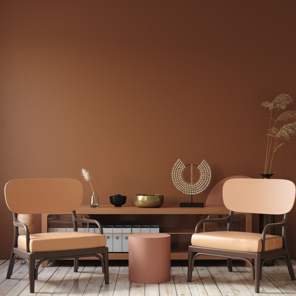 Terracotta renklerinde klozet, sandalye ve dekor ile modern karanlık iç mekan, 3D - Fotoğraf, Görsel