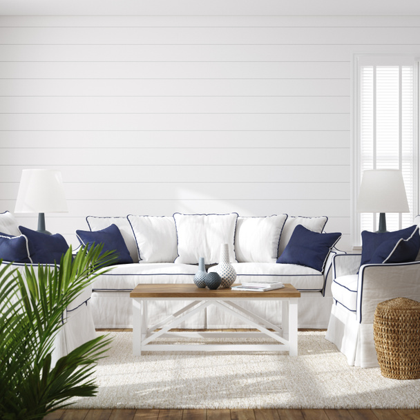 Hampton estilo interior de la sala de estar con marco de maqueta, 3d render - Foto, imagen