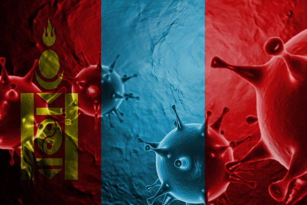 3D ILLUSTRATIE VIRUS MET Mongolië FLAG, CORONAVIRUS, zwevend griepcoronavirus, microzicht, pandemische virusinfectie, Aziatische griep. - Foto, afbeelding