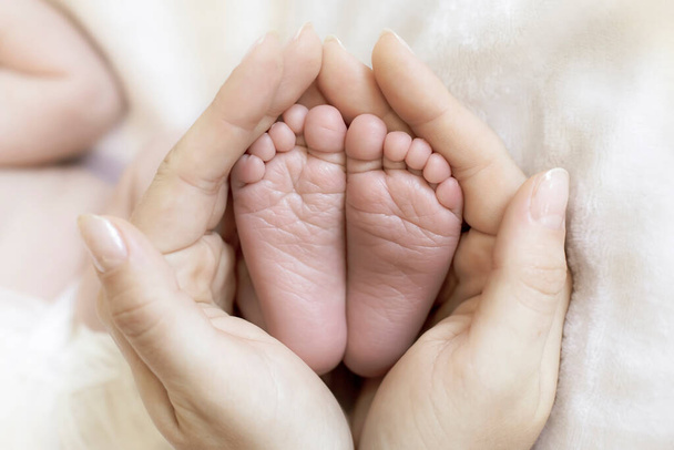Η μαμά κρατά στα χέρια της τα πόδια ενός νεογέννητου μωρού. - Φωτογραφία, εικόνα