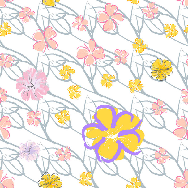 Pink Flowers Blooming Pattern. Pastel Watercolor. - Вектор, зображення