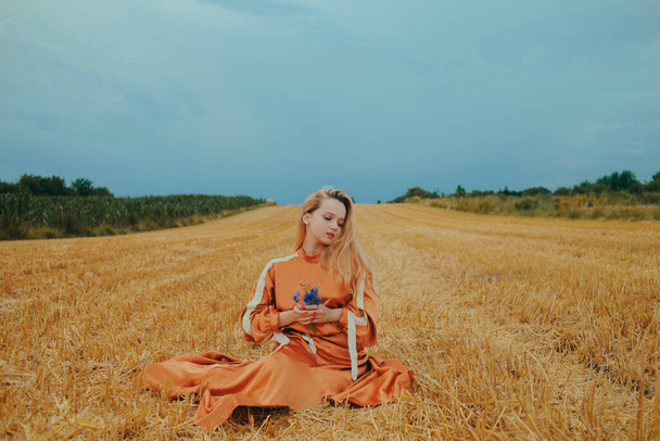 Kaunis tyttö mekossa istuu vehnäpellolla. Upea kuva blondista kaupungin ulkopuolella. Allergiaton nainen pitää sinisiä kukkia.. - Valokuva, kuva
