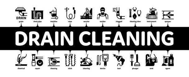 Serviço de Limpeza de Drenos Vetor de Banner Web Infográfico Mínimo. Equipamento limpo do sistema de drenagem e limpador do agente, ilustração do encanador do limpador do trabalhador - Vetor, Imagem