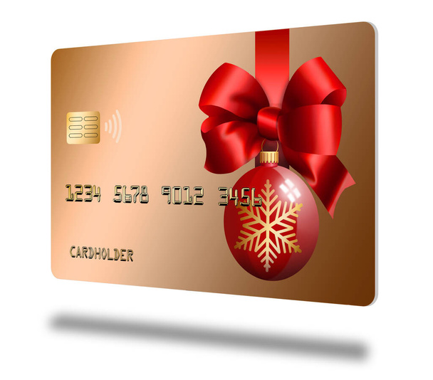 Un adorno de Navidad bola de vidrio y una cinta roja y arco decorar una tarjeta de crédito de vacaciones simulada genérica en esta ilustración 3-D - Foto, Imagen