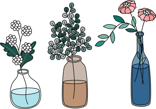 Cartoon of variety of flower are in the variety shape of vase, the item for home decoration. Simple cute hand draw line vector and minimal icons flat style character illustration. - Wektor, obraz