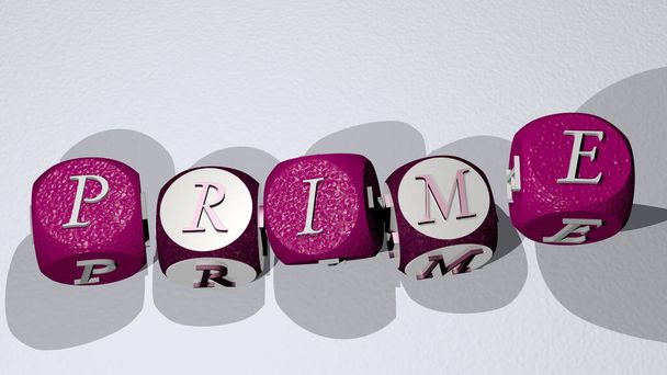Kreuzworträtsel von PRIME, angeordnet durch kubische Buchstaben auf einem Spiegelboden, Konzept, Bedeutung und Präsentation. Leitartikel und Illustration - Foto, Bild