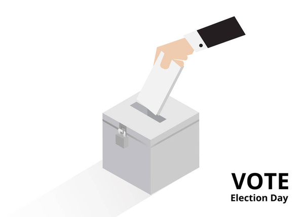 一般選挙日ベクトル用のロックされた投票箱の中のビジネスマン有権者ドロップカード - ベクター画像