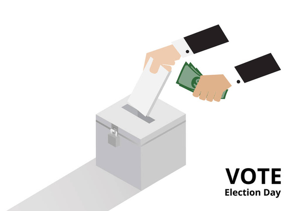 voto con dinero en la mano de un hombre, vector de corrupción aislado sobre fondo blanco - Vector, Imagen