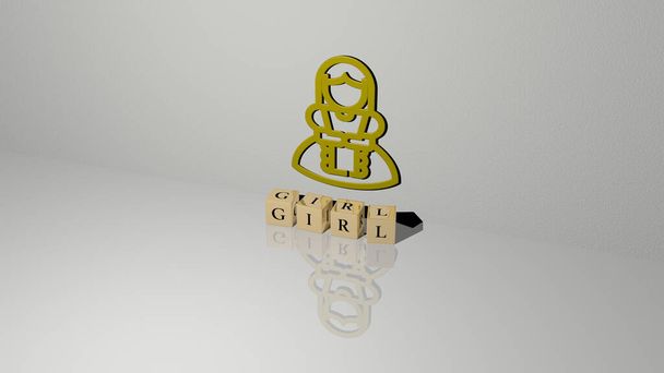3D weergave van GIRL met icoon op de muur en tekst gerangschikt door metalen kubieke letters op een spiegelvloer voor concept betekenis en diavoorstelling presentatie. mooi en achtergrond - Foto, afbeelding