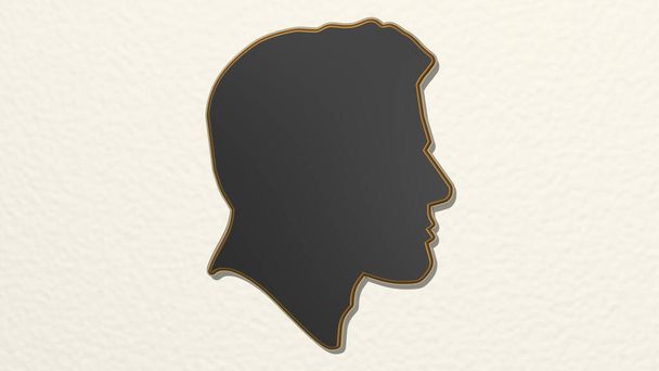 profil d'homme réalisé par illustration 3D d'une sculpture métallique brillante sur un mur avec fond clair. icône et portrait - Photo, image