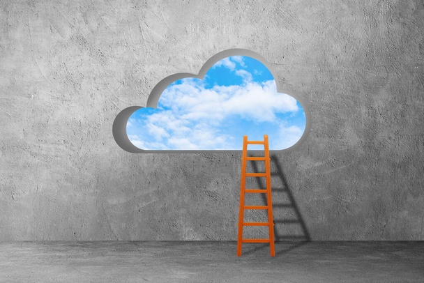 Digital Cloud Computing Concept: Ladder leunen op betonnen muur en leiden tot gat in de wolk vorm op de muur. - Foto, afbeelding