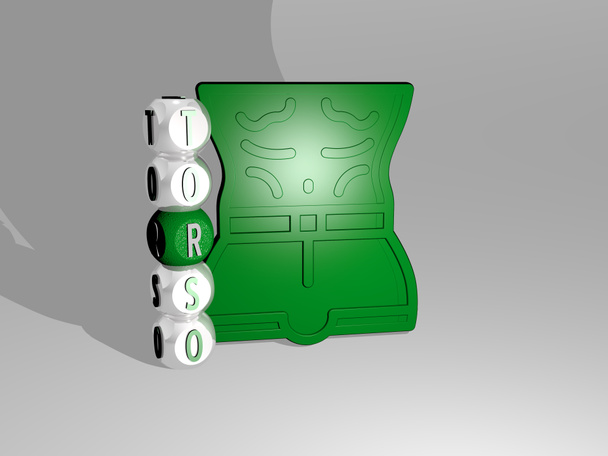 Representação 3D de TORSO com ícone na parede e texto dispostos por letras cúbicas metálicas em um piso espelho para significado conceito e apresentação slideshow. corpo e muscular
 - Foto, Imagem