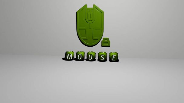 3D grafische afbeelding van MOUSE verticaal samen met tekst gebouwd door metalen kubieke letters vanuit het bovenste perspectief, uitstekend voor de concept presentatie en diavoorstellingen. illustratie en achtergrond - Foto, afbeelding