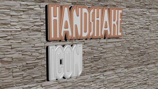 3D απεικόνιση των γραφικών HANDSHAKE ICON και κείμενο γίνεται με μεταλλικά γράμματα ζάρια για τις σχετικές έννοιες της έννοιας και των παρουσιάσεων. επιχειρήσεις και συμφωνία - Φωτογραφία, εικόνα