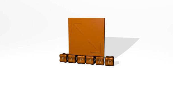 3D представление EXPAND с иконкой на стене и текстом, упорядоченным металлическими кубическими буквами на зеркальном полу для представления концепции и слайд-шоу. иллюстрация и фон - Фото, изображение