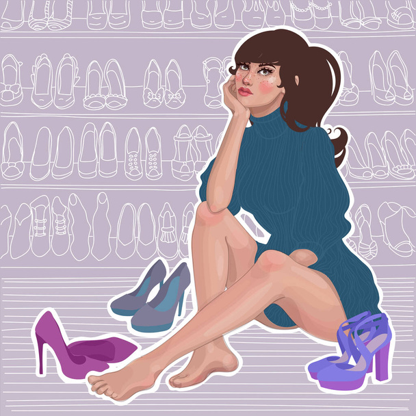 krásná dívka si nemůže vybrat boty, v blízkosti velkého šatníku s botami - Vektor, obrázek