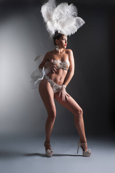 Young Beautiful woman with feather hat on a studio backround - Photo, Image
