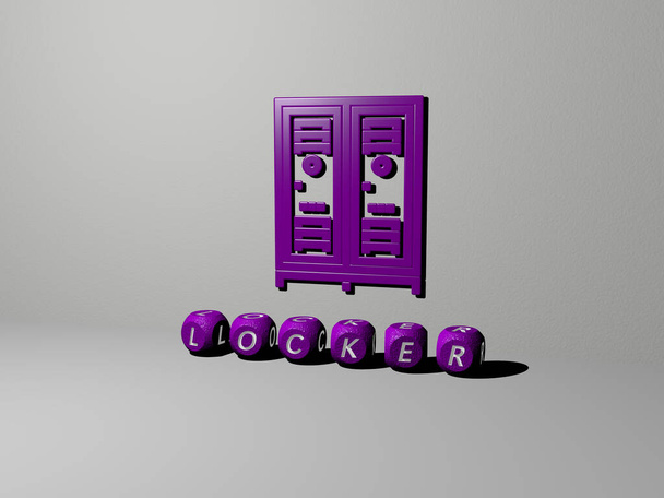3D illustration of locker graphics and text made by metallic dice letters for the related meanings of the concept and presentations. icon and room - Photo, Image