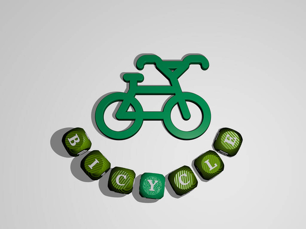 3D-Darstellung des Fahrrads mit Symbol an der Wand und Text, angeordnet durch metallische kubische Buchstaben auf einem Spiegelboden für Konzeptbedeutung und Diashow-Präsentation. Fahrrad und Stadt - Foto, Bild
