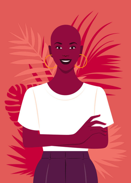 Afrykanka ze skrzyżowanymi rękami. Portret młodej, szczęśliwej łysej kobiety. Wektor płaska ilustracja - Wektor, obraz