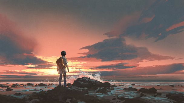 un garçon debout avec guitare sur le fond du coucher de soleil, style art numérique, illustration peinture - Photo, image