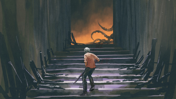 man with a gun walks up the stairs and looking at monster, digital art style, illustration painting - Photo, Image