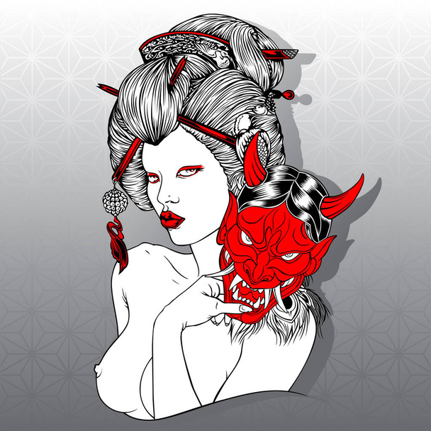 Geisha ördög maszk piros lány gyönyörű japán vektor - Vektor, kép