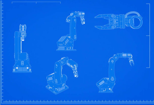 3d renderização robótico braço planta com escala no fundo azul
 - Foto, Imagem