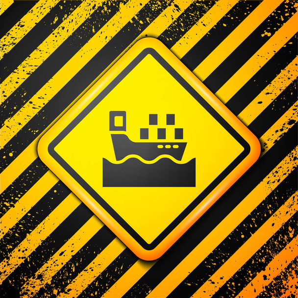 Negra Buque de carga con caja icono de servicio de entrega aislado sobre fondo amarillo. Entrega, transporte. Carguero con paquetes, cajas, mercancías. Señal de advertencia. Vector - Vector, imagen