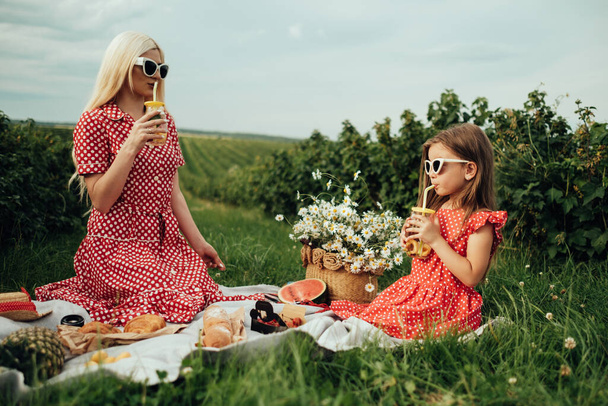 Jovem mãe com sua filhinha vestida de igual no vestido de bolinhas vermelhas, se divertindo em um piquenique no campo, maternidade e conceito de infância
 - Foto, Imagem