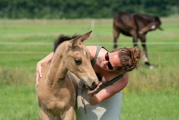 Young woman cuddling with her best friend, falcon color stallion foal, sharing love and mutual affection. - Photo, Image