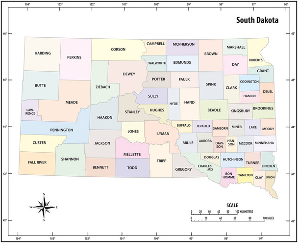 South Dakota stan zarys administracyjnej i politycznej mapy w kolorze - Wektor, obraz